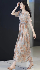 欧洲站桑蚕丝真丝圆领短袖设计感时尚印花气质系带长款连衣裙女夏