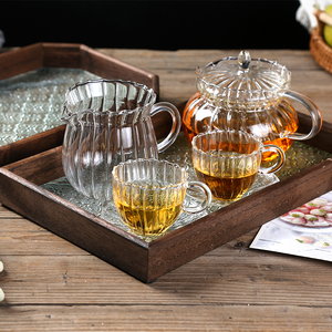 日式玻璃海棠托盘木质茶盘甜品点心盘茶壶茶杯套餐客厅家用下午茶