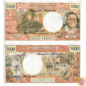 全新UNC 1970-1980年 新赫布里底群岛 瓦努阿图1000法郎纸币P-20c