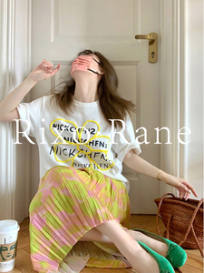 法国Rixo Rane⭐白色宽松字母印花短袖t恤女设计感百褶扎染半身裙