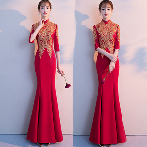 中式新娘敬酒服2023新款旗袍冬季长袖鱼尾修身红色长款结婚礼服女