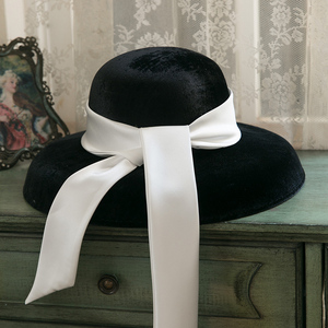 法式优雅极简黑色丝绒缎带赫本风写真影楼复古礼帽子女
