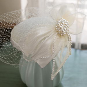 新娘婚纱复古风优雅网纱礼帽女白色仙气汉服发饰超仙珍珠帽饰