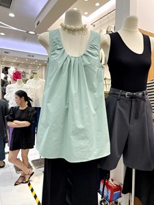 十三行夏季新款法式褶皱薄荷绿吊带背心女宽松外穿无袖衬衫上衣