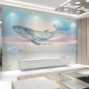 8D北欧鲸鱼墙布沙发电视背景墙壁纸装饰壁画海豚影视墙纸卧室壁布