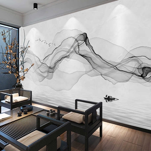 新中式水墨烟雾墙布客厅沙发电视背景墙纸黑白抽象壁纸5D艺术壁画