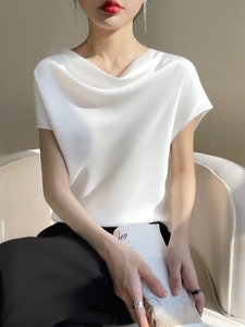 正品美欧哥弟菲新款2024年夏季白色高级感真丝衬衫女宽松短袖t恤