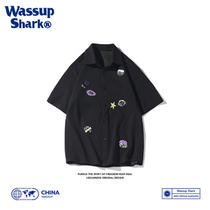 WASSUP SHARK夏季新款男短袖衬衫港风外景大码菠萝格刺绣半袖外套