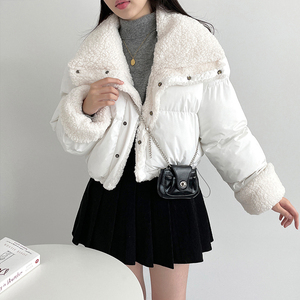翻领拼接羊羔毛白色棉服女韩版冬设计感两穿宽松抽绳短款棉衣外套