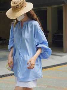 蓝色灯笼袖立领衬衫女2024年夏季新款宽松慵懒风防晒外套长袖衬衣