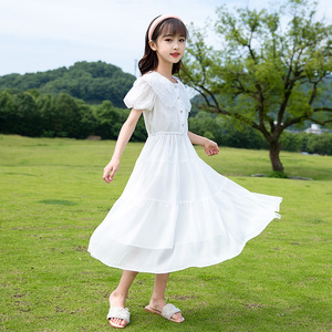 女童韩版洋气连衣裙新款短袖公主裙中大童网红雪纺白色过膝长裙子