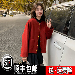 红色高级感短款双面羊毛大衣女2024冬季新款韩系气质百搭毛呢外套