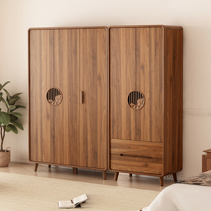 新中式胡桃木色衣柜家用卧室简约现代小户型带储物实木框大衣橱