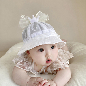 英国Next Kiss婴儿帽子夏季网眼蕾丝公主帽女宝宝蝴蝶结花边盆帽