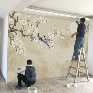 古典雅新中式客厅电视背景墙壁纸壁画手绘花鸟墙纸素雅国画影视墙