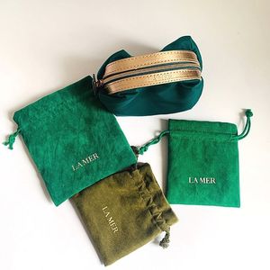 [包邮】海兰之迷lamer墨绿苔绿 丝绒抽绳拉链化装包收纳袋束口袋