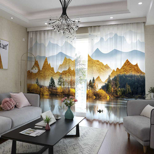 2022年新款中式风格窗帘客厅奢华大气金色新中式中国风山水纱帘