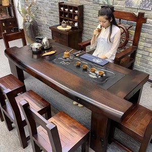 老船木茶桌椅组合中式实木茶几泡茶台弧形石茶盘电磁炉茶具一体桌