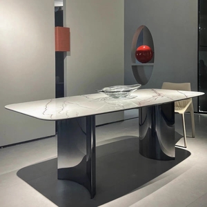 德利丰岩板餐桌不锈钢底架高端长方形桌子轻奢家用现代极简大餐台