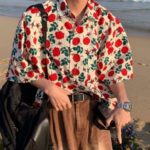 港风复古玫瑰花短袖ins衬衫男女夏季薄款夏威夷沙滩风外穿上衣潮
