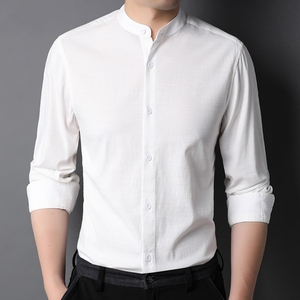 男士立领衬衫长袖职业正装中式无领修身商务青年圆领工装白色衬衣