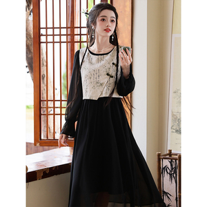 黑色连衣裙春季新款女装国风马甲搭配新中式禅意雪纺长裙两件套