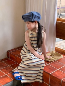 韩国童装女童开叉针织条纹无袖连衣裙2023夏季款小女孩直筒背心裙