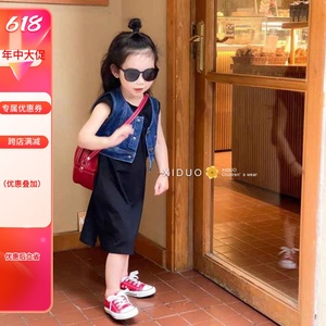 韩国童装女童套装夏季新款洋气黑色裙子儿童休闲时尚蓝色牛仔马甲