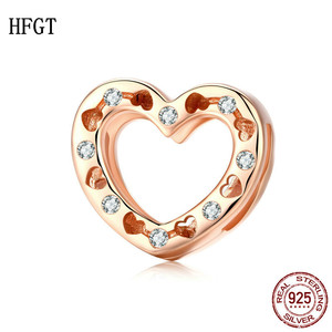 HFGT镂空爱心心形S925纯银手表链珠子串珠散珠镀玫瑰金银配件手串