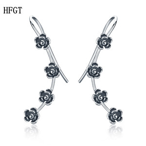 HFGT韩版黑色玫瑰花创意唯美小花相连耳环创意S925纯银耳钉