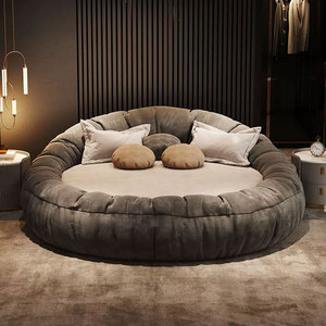 圆床真皮情侣大床2米2.2米意式极简主卧双人床设计师轻奢布艺床