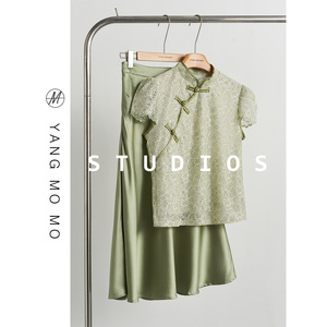 新中式国风绿色蕾丝短袖衬衫醋酸半身裙套装2024新款女装夏季穿搭