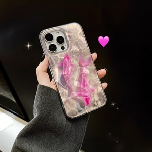 适用苹果15promax手机壳14pro水波纹3D粉色锦鲤iphone12/13高级感