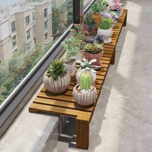 定制阳台台沿加宽花卉花架实木防腐简约落地式置物架高低脚花架子