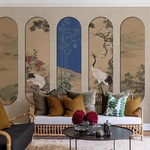 古典国画仙鹤意境壁纸新中式手绘山水装饰壁布酒店别墅高端背景墙