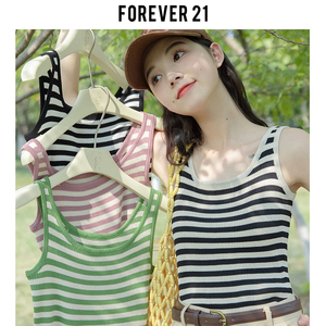 Forever 21撞色条纹针织吊带背心女春季短款修身显瘦内搭打底上衣