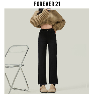 Forever 21高腰黑色烟管牛仔裤女秋冬小个子毛边九分窄版直筒裤子