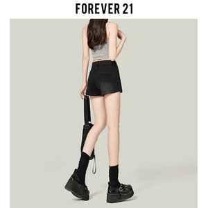 Forever21设计感黑色高腰牛仔短裙裤女春季A字美式辣妹显瘦热裤子