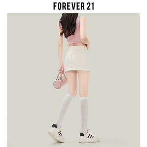 Forever21流行米白色高腰牛仔超短裙女A字小个子包臀裙显瘦半身裙