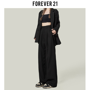 Forever 21黑色西装裤高腰阔腿裤女春季新款宽松垂感显瘦休闲裤子