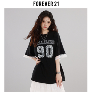 Forever21芭蕾运动风球衣T恤女蕾丝oversize半袖黑色休闲圆领上衣