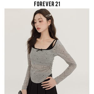 Forever21波点微透T恤吊带两件套女法式纯欲修身显瘦长袖性感上衣