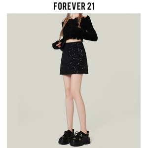 Forever21小香风黑色亮片A字半身裙女高腰小个子包臀裙防走光短裙