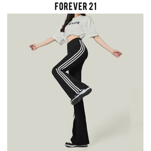 Forever 21黑色侧条纹微喇叭休闲裤女高腰美式瑜伽鲨鱼裤运动卫裤