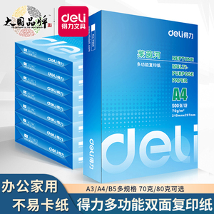 得力莱茵河A4打印复印纸佳铂70g克整箱5包文件合同80g学生打印卷纸白纸500张装办公家用纸草稿纸双面打印a4纸