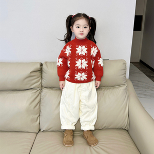 女童雪花毛衣2023秋冬新款韩版儿童圆领针织衫中小童时尚圣诞上衣