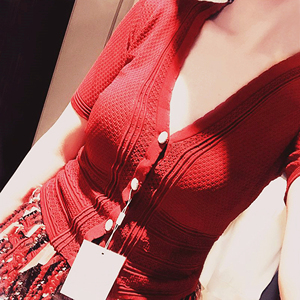 红色针织短袖开衫女薄款冰丝夏季短款高级感洋气修身半袖v领上衣