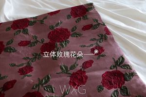 玫瑰花提花布料 暗红色织锦立体玫瑰包包diy风衣时装面料布料