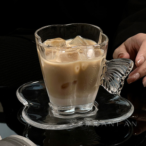 ins创意四叶草蝴蝶咖啡杯子带把手冰美式拿铁玻璃杯女高颜值杯碟
