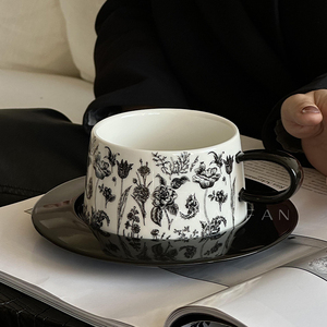 岸梵 法式复古馨香远馥咖啡杯碟套装黑色高档精致下午茶陶瓷杯子